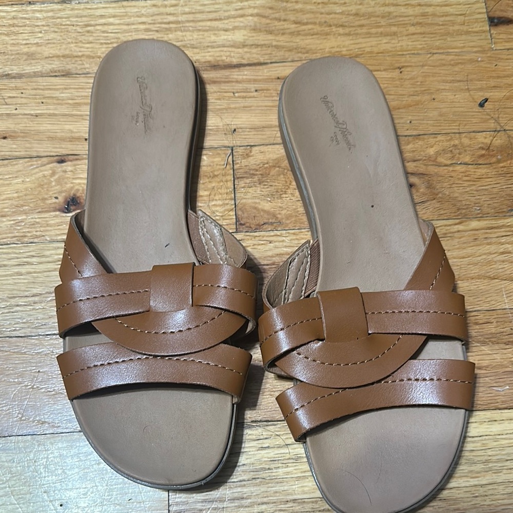 Universal Thread Brown Leather Sandals Flat Slip-… - image 2
